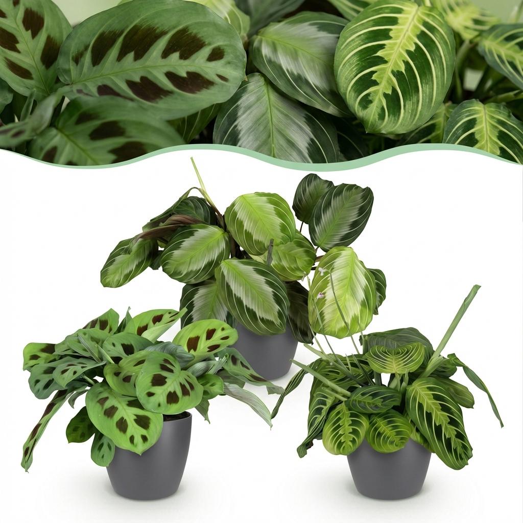 Maranta mix Silverband, Lemon Lime en Kerchoveana, 3 stuks, detail van het blad