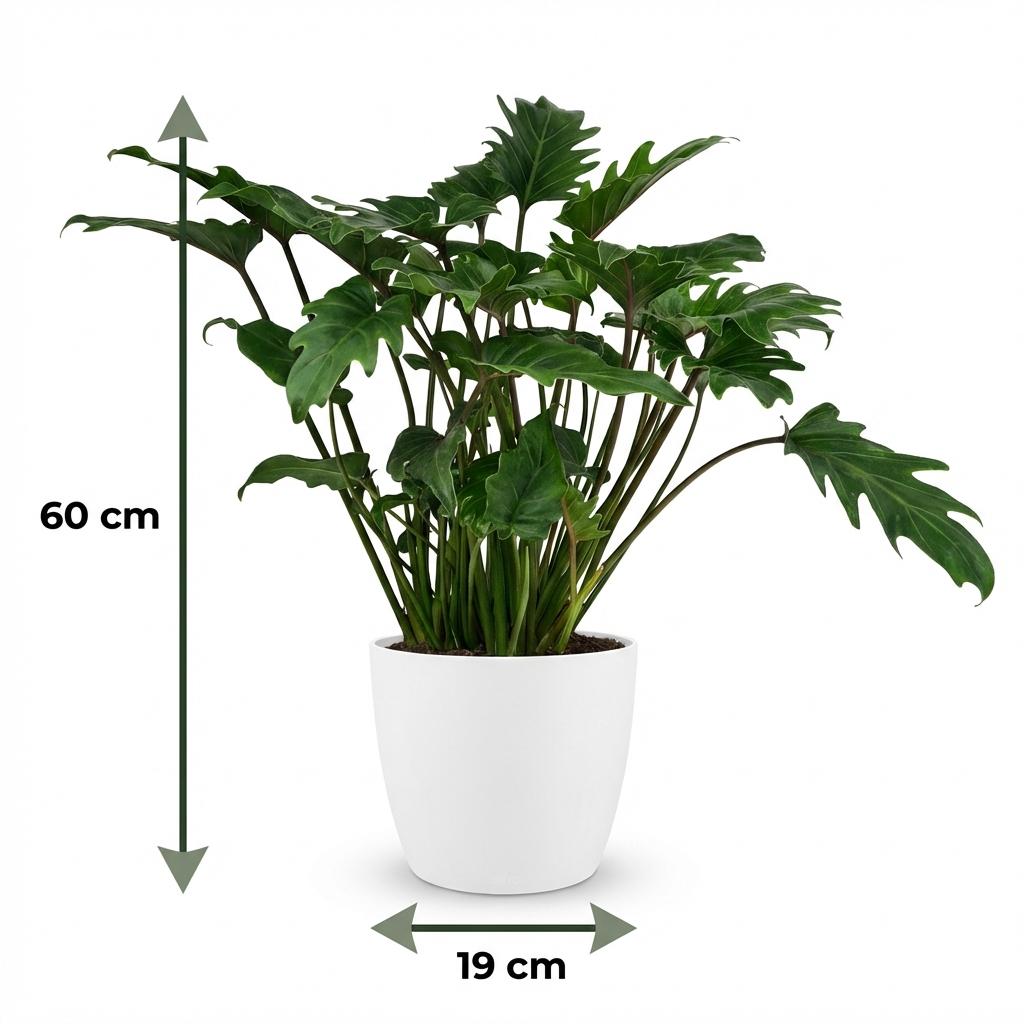 Philodendron Xanadu met witte pot, groeiwijze van de plant
