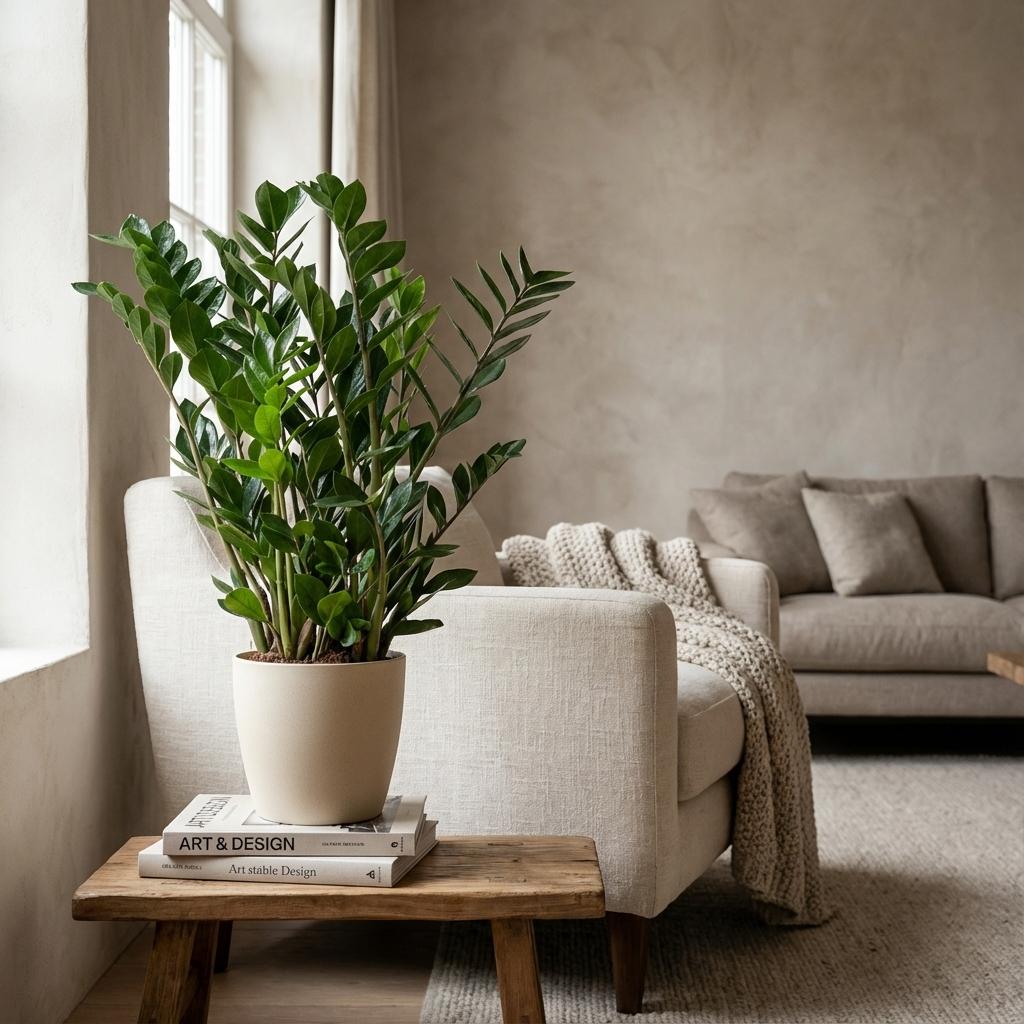 Zamioculcas Zamiifolia met witte pot, plant in pot