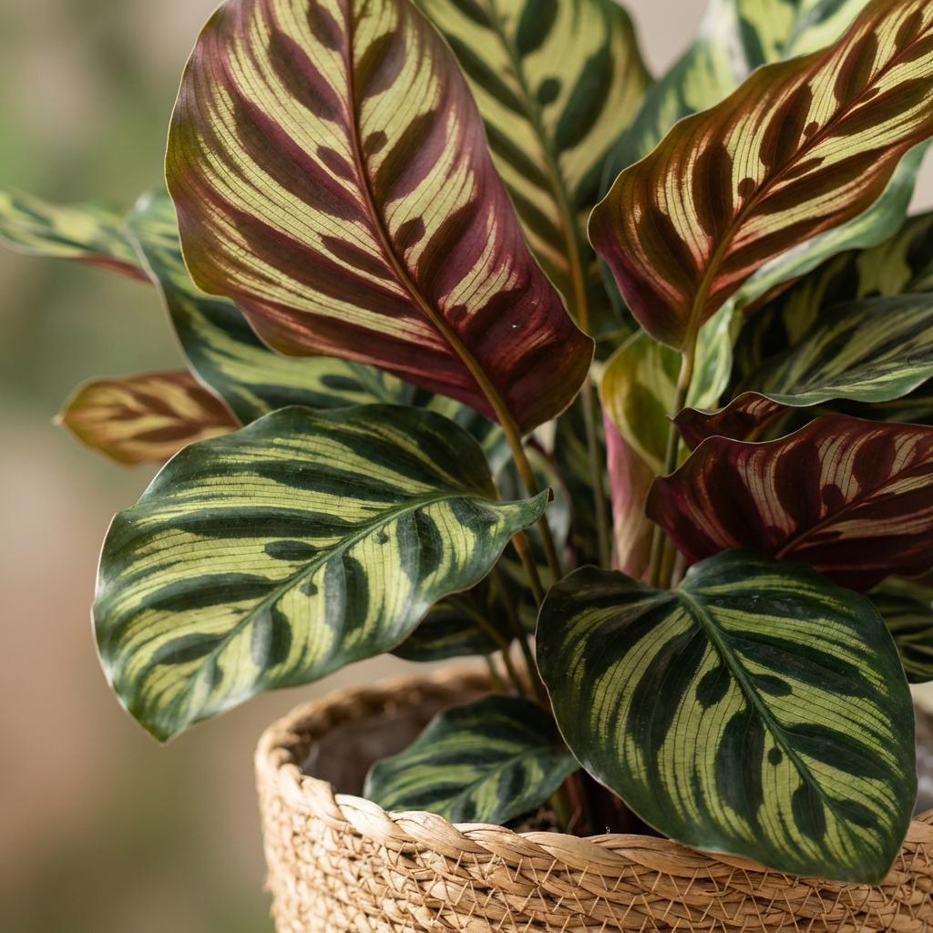 Pauwenplant (Calathea Makoyana) met Mand, groene bladeren