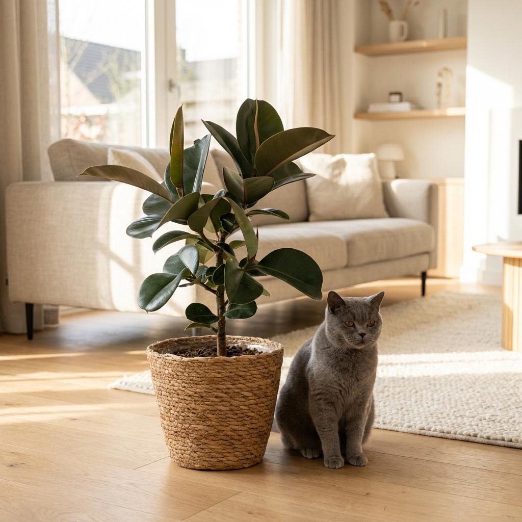 Rubberplant - Ficus Elastica Cloe met Mand, kenmerkend blad