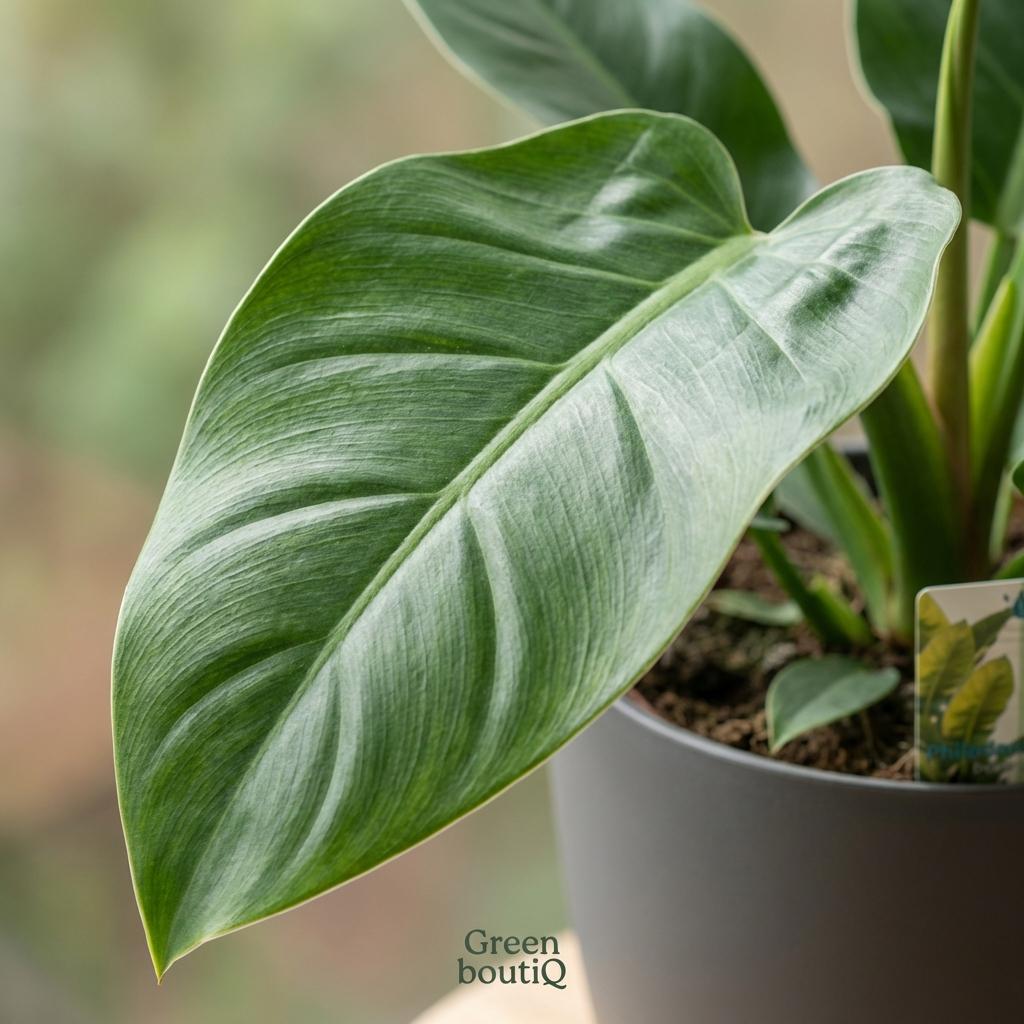 Philodendron Imperial Green met grijze pot, groene bladeren