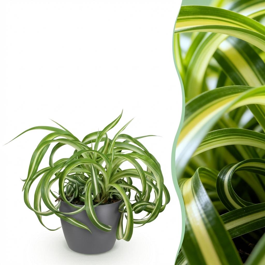 Chlorophytum comosum Bonnie met grijze pot, detail van het blad