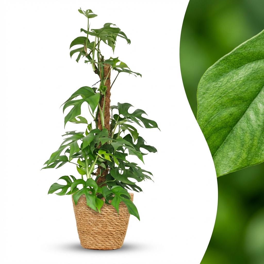 Mini Gatenplant - Monstera Minima Mosstok met Mand, detail van het blad