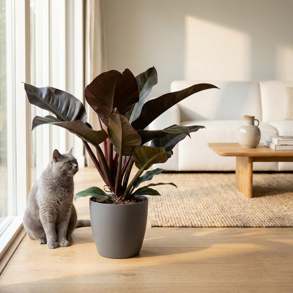 Philodendron Imperial Red met grijze pot, plant in pot