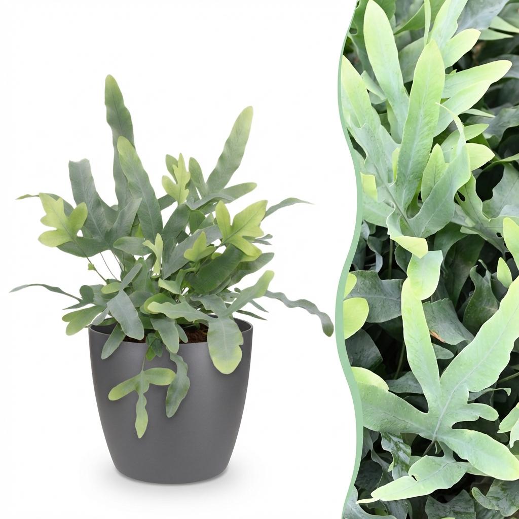 Phlebodium aureum Blue Star met grijze pot, kenmerkend blad