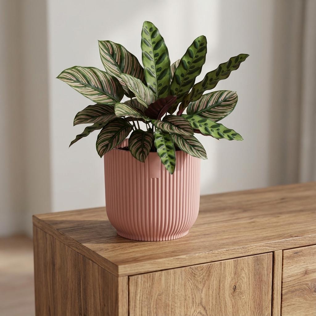 Elho Vibes Fold bloempot met ribbels, roze, Ø14 cm, groene bladeren
