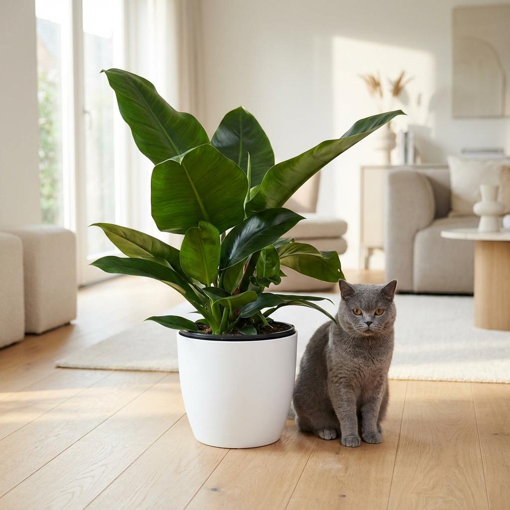 Philodendron Imperial Green met witte pot, kenmerkend blad