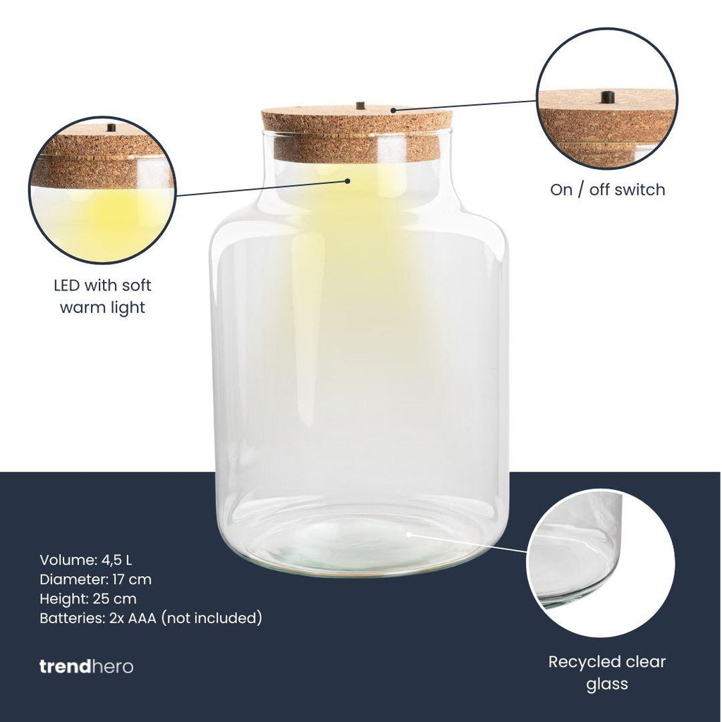 Terrarium fles met verlichting - Little Milky, groene bladeren