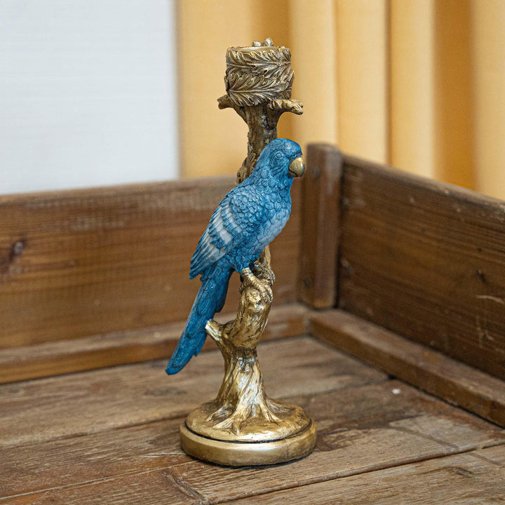 Kandelaar vogel blauw, compact decoratiestuk van 26 cm