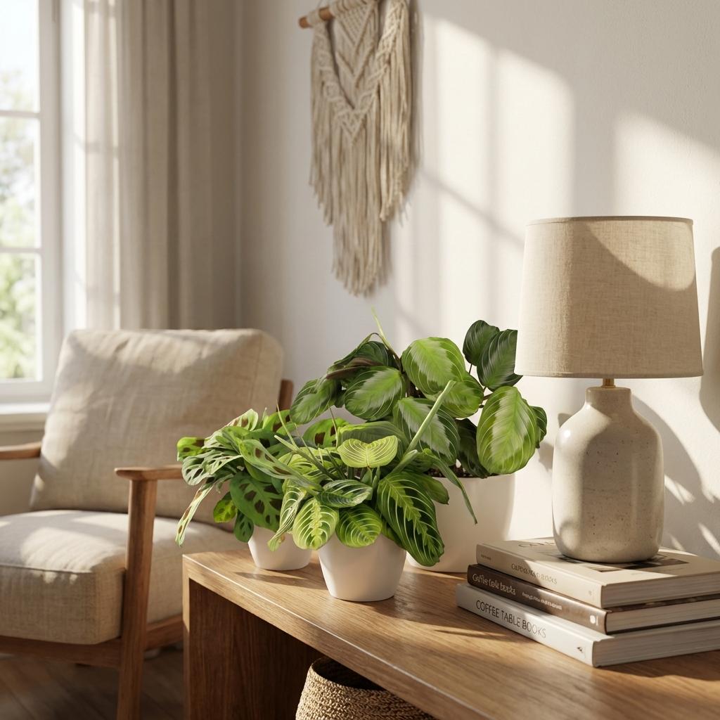 Maranta Silverband, Lemon Lime, Kerchoveana, met witte pot, detail van het blad