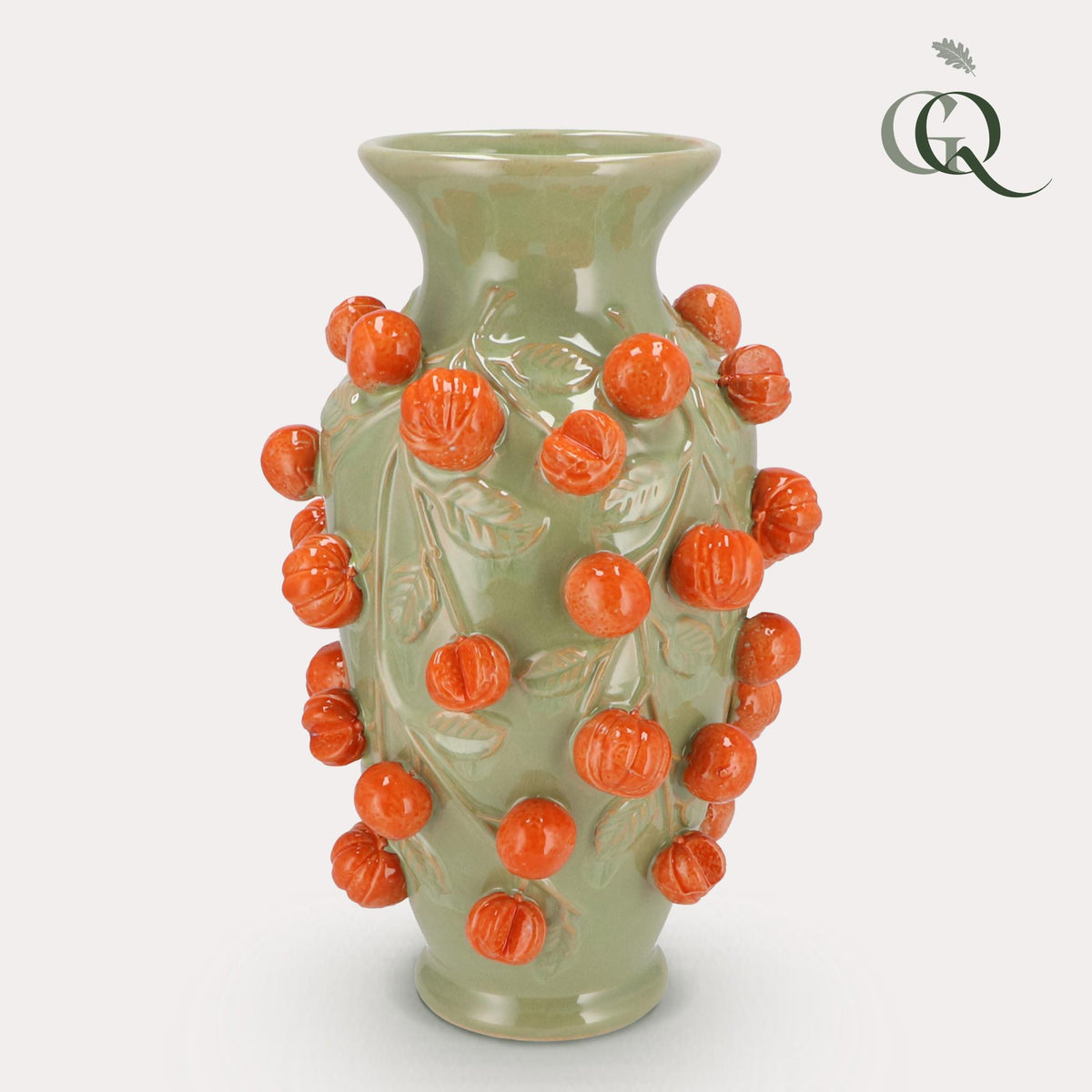 Aardewerk vaas pistachegroen mandarijntjes, M, H38 x B24 cm, plant in pot