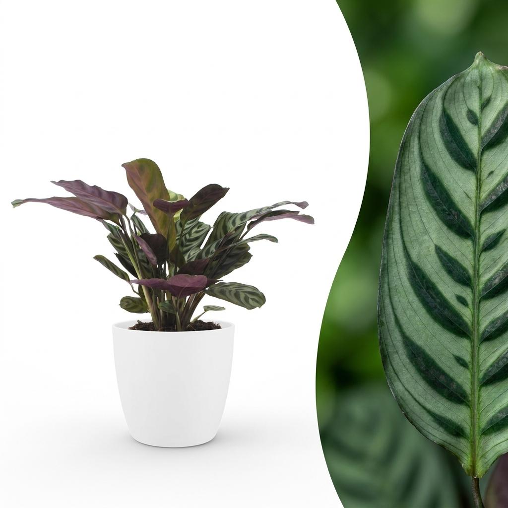 Ctenanthe Burle Marxii - Visgraatplant - met witte pot, plant in pot