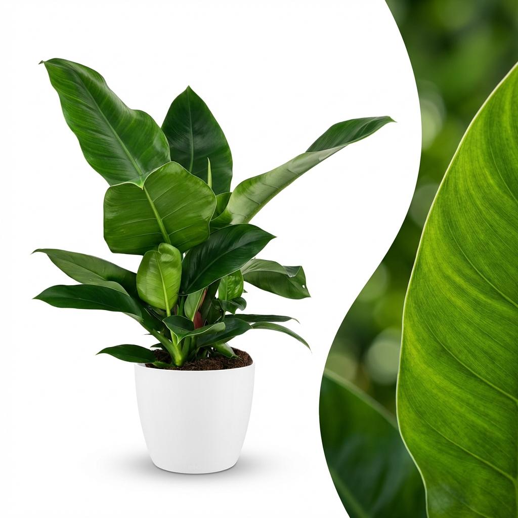 Philodendron Imperial Green met witte pot, detail van het blad
