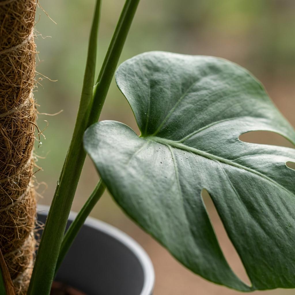 Gatenplant - Monstera Deliciosa mosstok  met grijze pot, groene bladeren