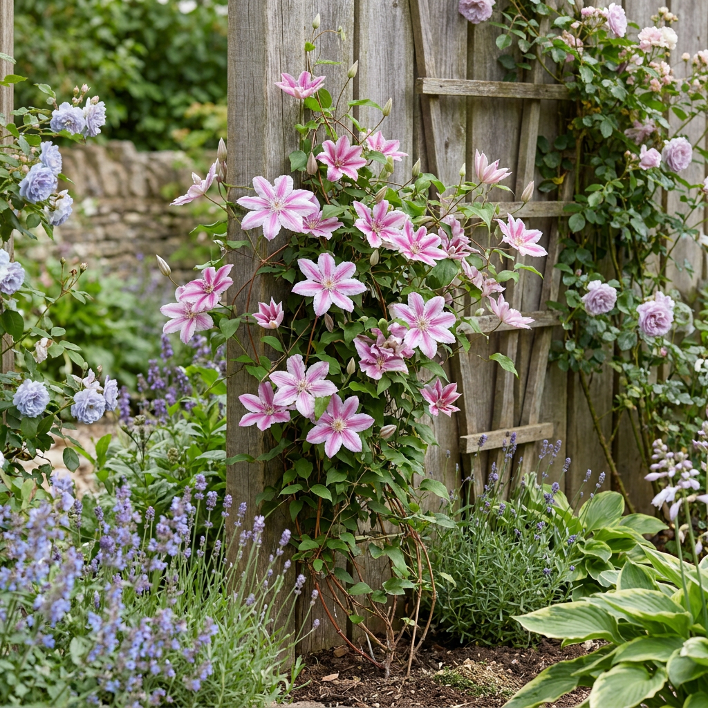 Clematis 'Piilu' - roze bosrank, groene bladeren