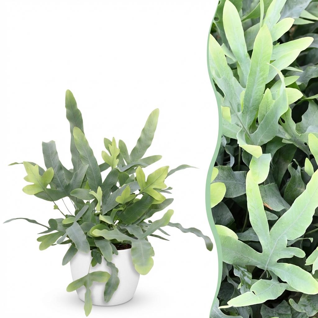 Phlebodium aureum Blue Star met witte pot, detail van het blad