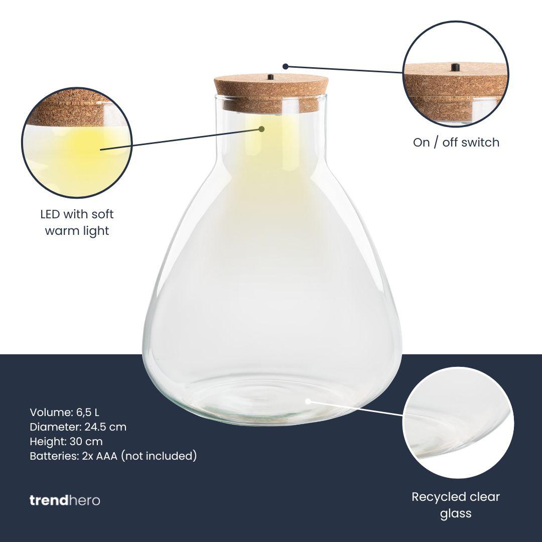 Terrarium fles met verlichting - Sam, groene bladeren