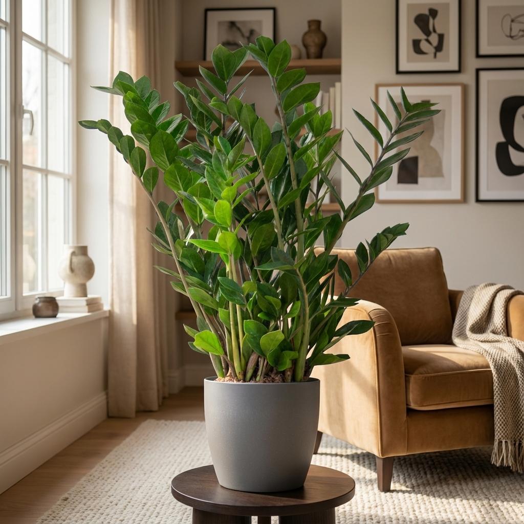 Zamioculcas Zamiifolia met grijze pot, plant in pot