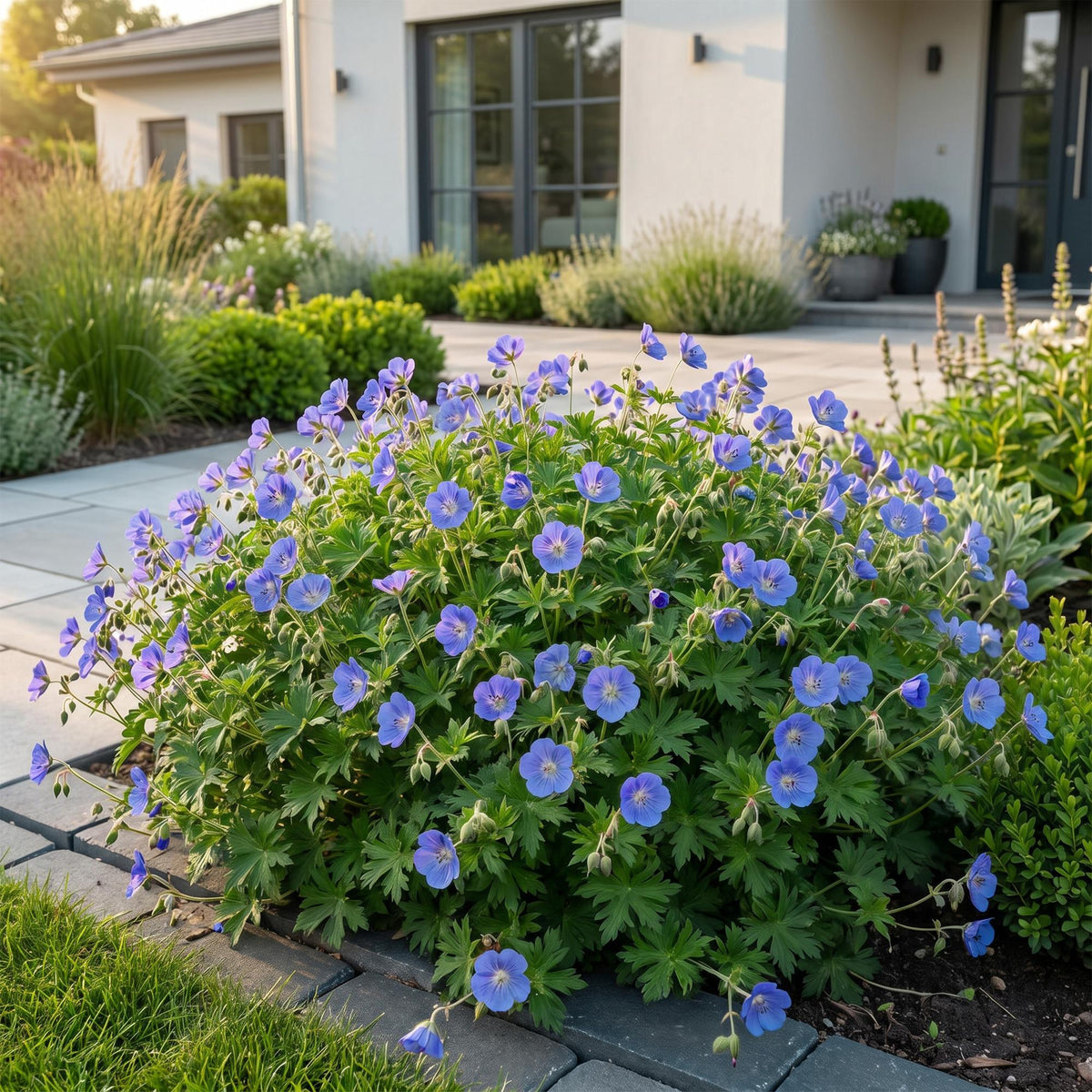 Ooievaarsbek Johnson's Blue, met blauwe bloemen, groeiwijze van de plant