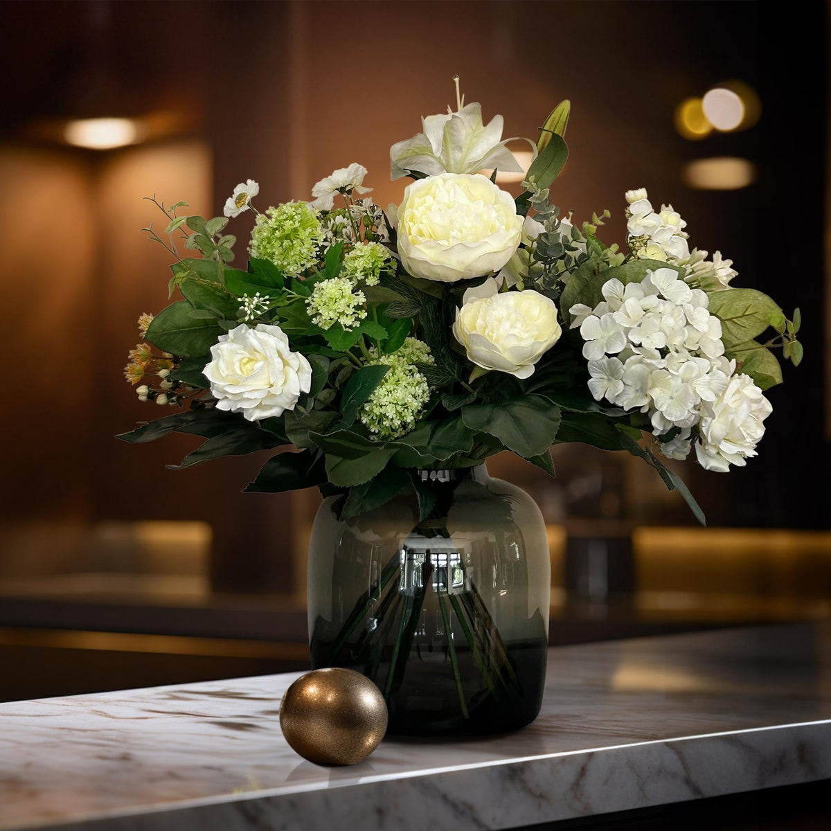 Kunstbloemen - Boeket- M - White Dream, groene bladeren