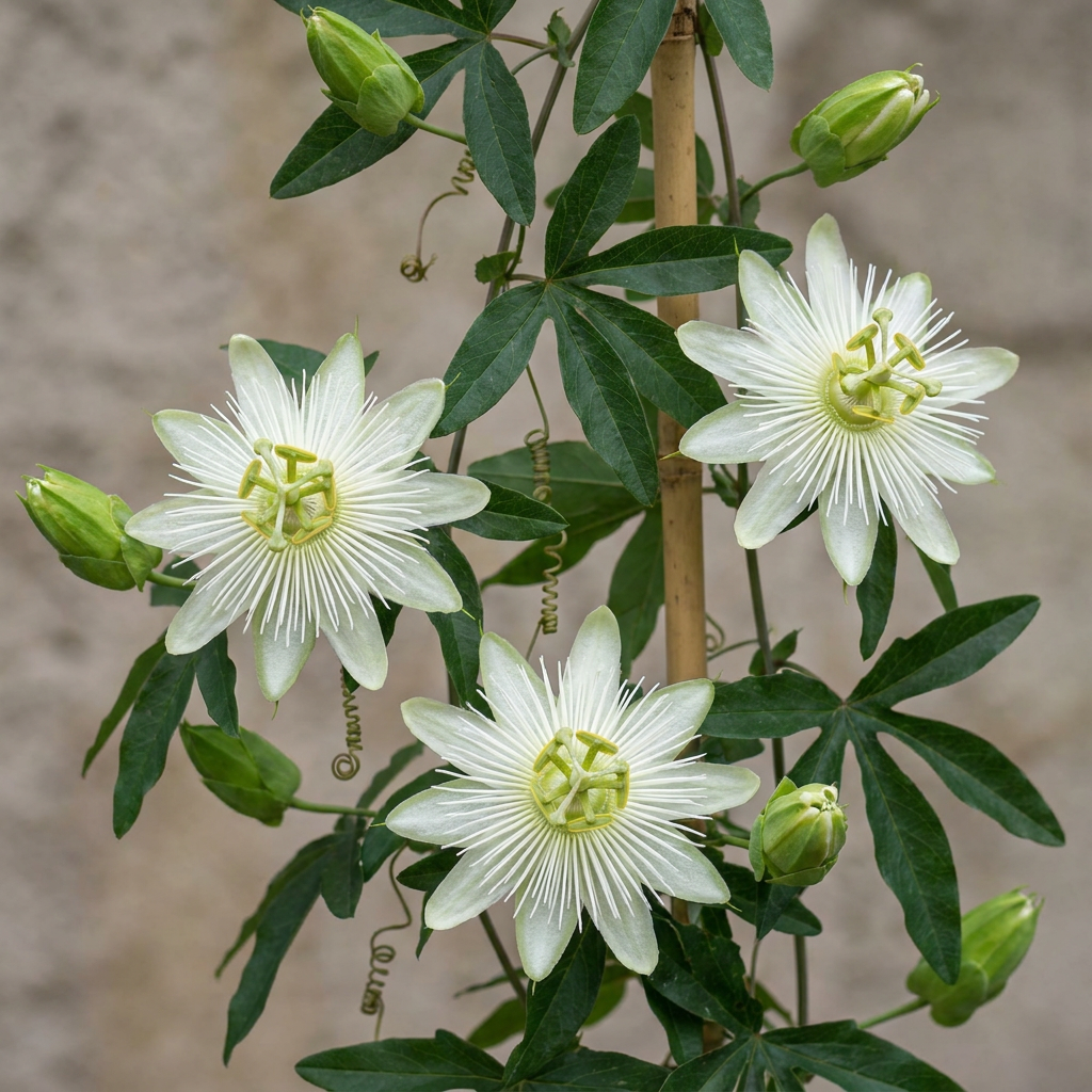 Passiflora caerulea 'Constance Elliott' - witte passiebloem, kenmerkend blad