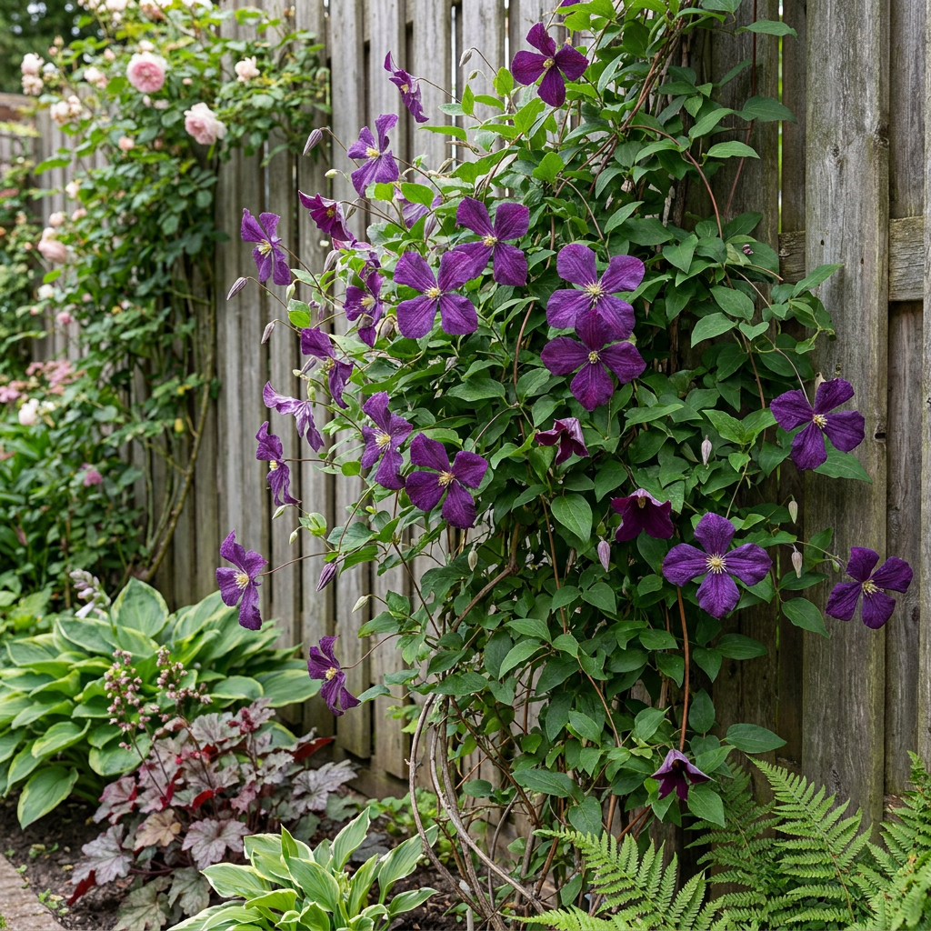 Clematis 'Polish Spirit' - paarse bosrank, groene bladeren