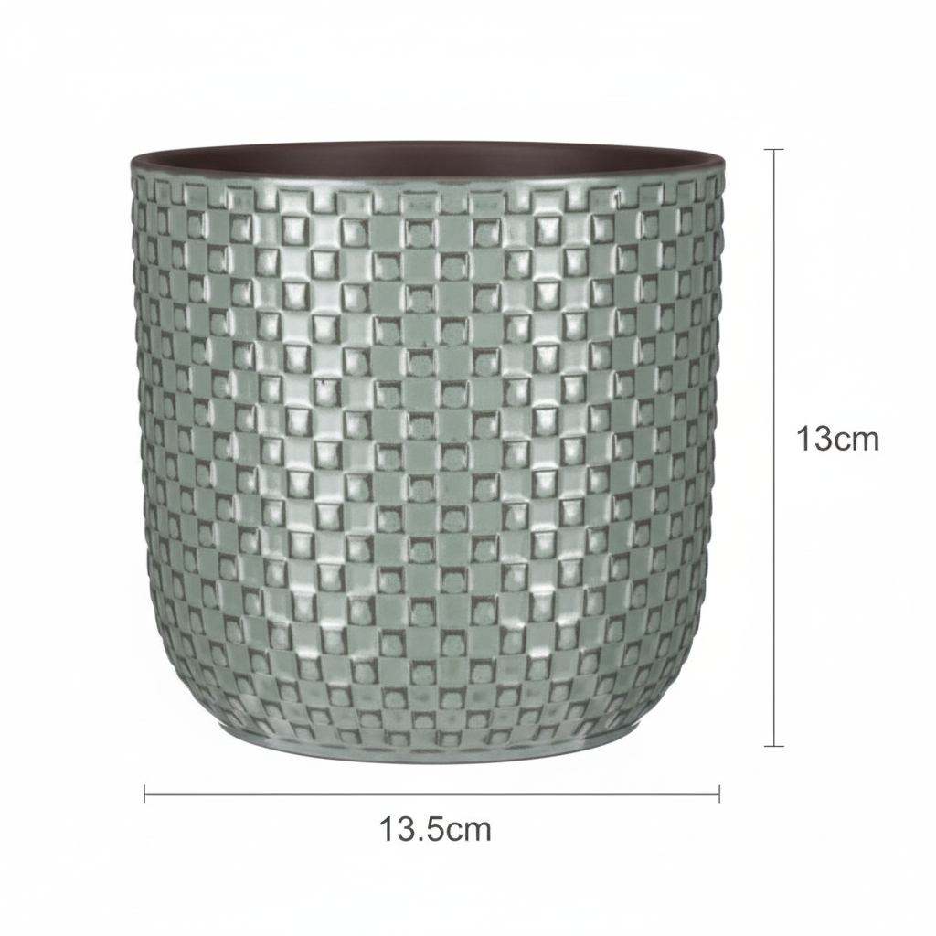 Plantenpot met reliëf, keramiek in saliegroen, Ø13,5 cm, gezonde plant