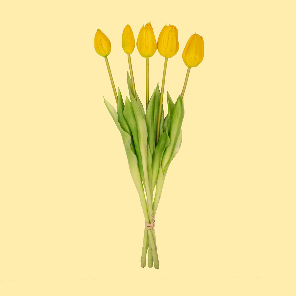 Tulpen boeket Geel - 5 stuks - 'Real Touch' Kunst tulpen, groene bladeren