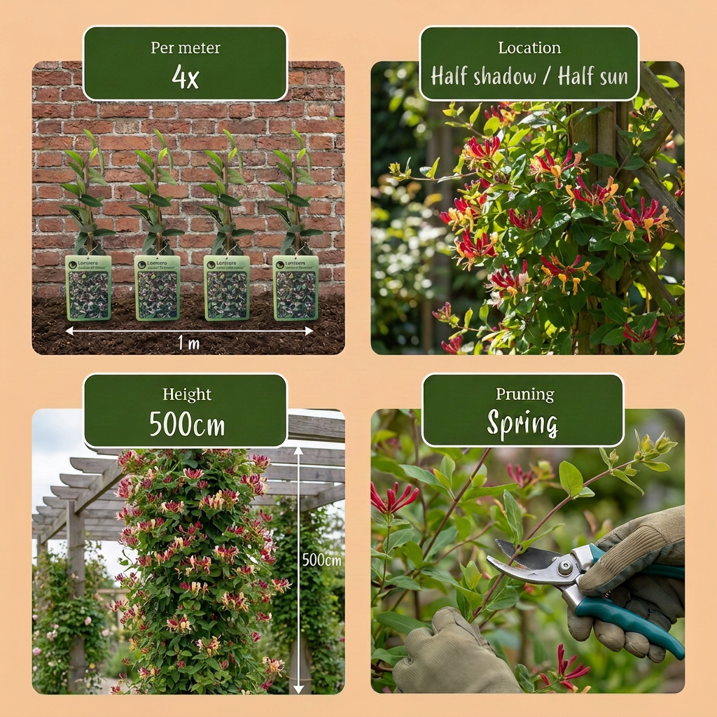 Lonicera japonica 'Red World' - rode Japanse kamperfoelie, groeiwijze van de plant