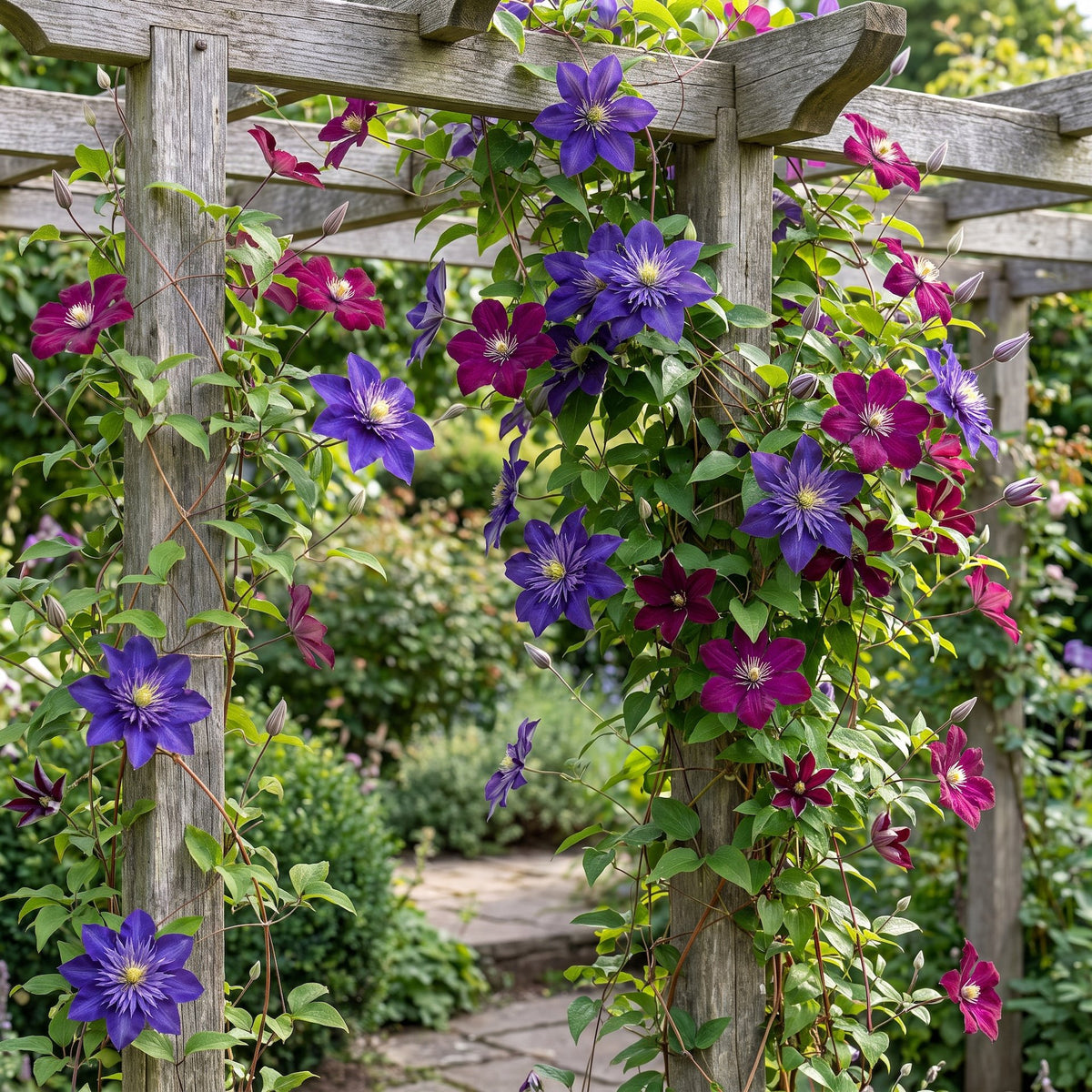 Clematis duo blauw en rood - bosrank, groene bladeren