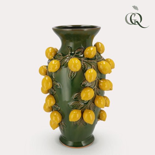 Aardewerk vaas groen met citroenen, maat M, H38 x B24 cm, plant in pot