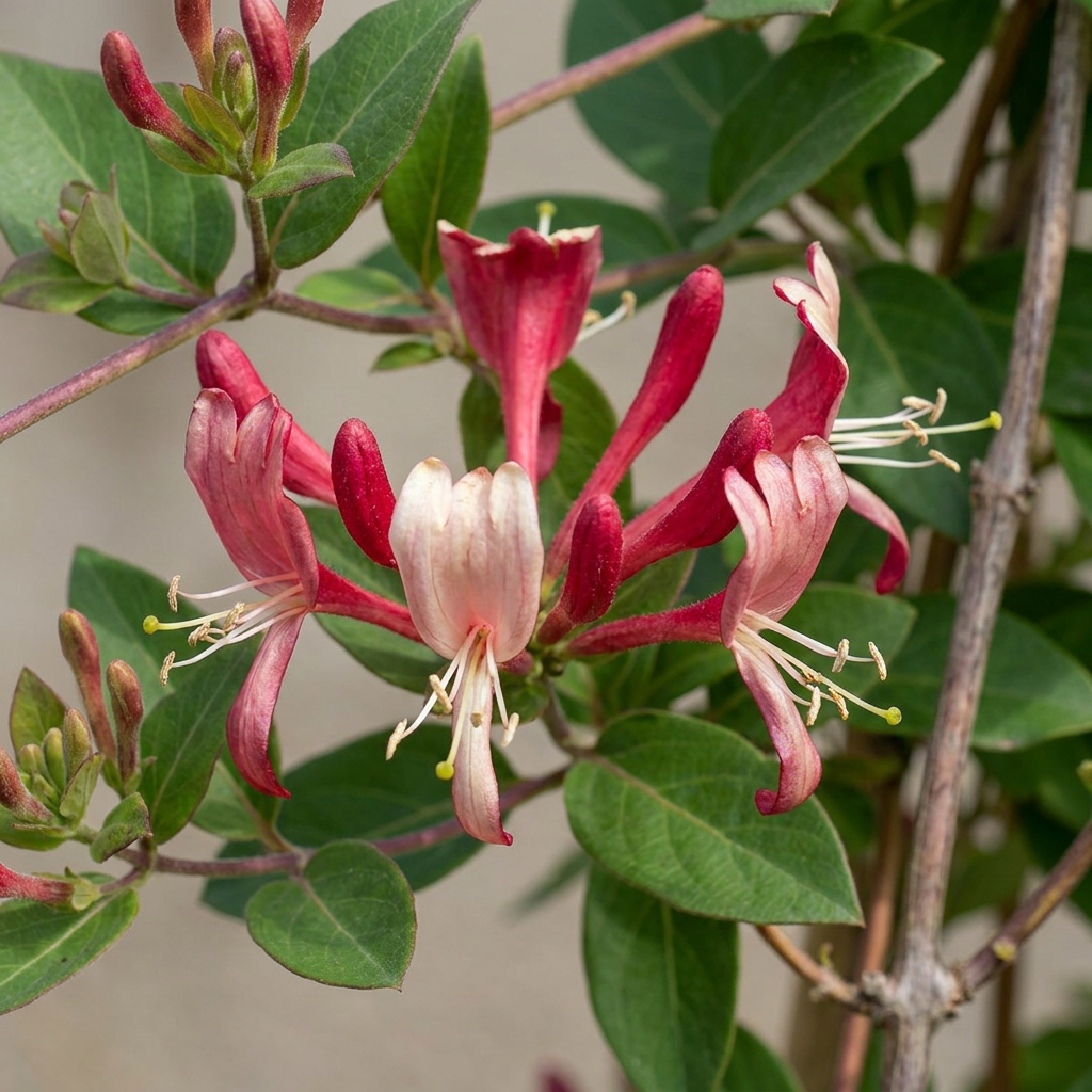 Lonicera japonica 'Red World' - rode Japanse kamperfoelie, kenmerkend blad