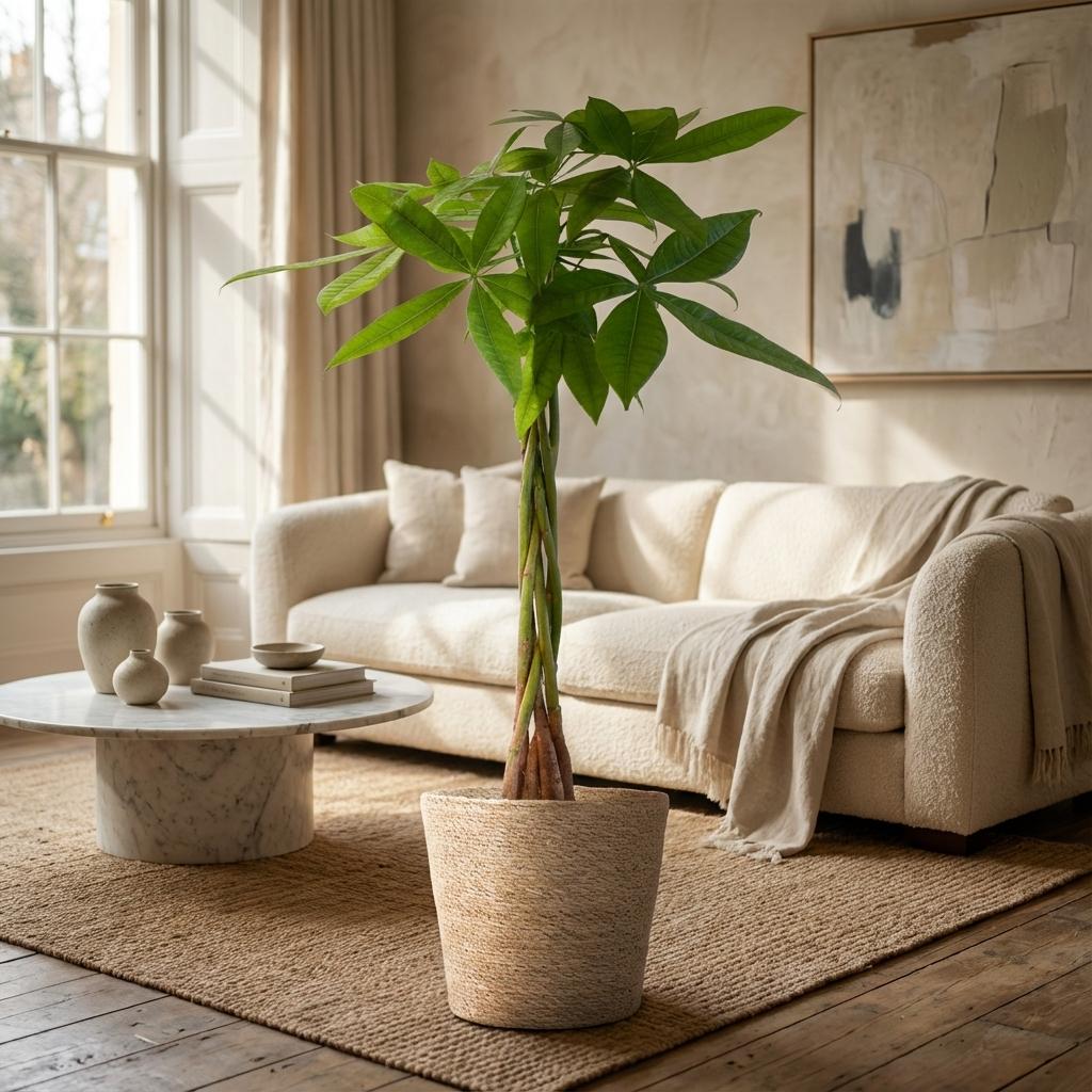 Pachira Aquatica met Zeegras mand naturel, plant in pot