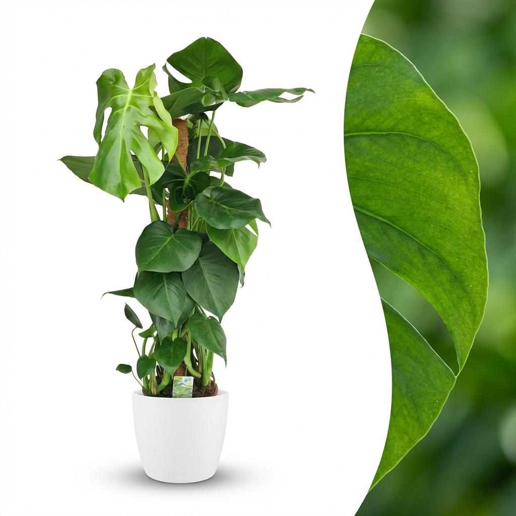 Monstera Deliciosa mosstok met witte pot, detail van het blad