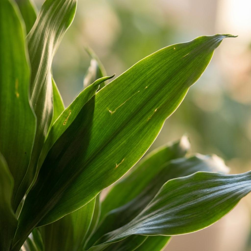 Dracaena Janet Lindt met witte pot, kenmerkend blad