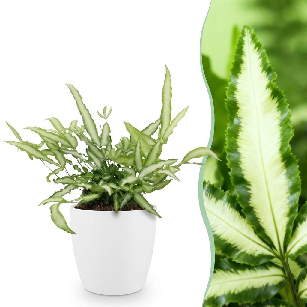 Pteris cretica Albolineata met witte pot, groene bladeren