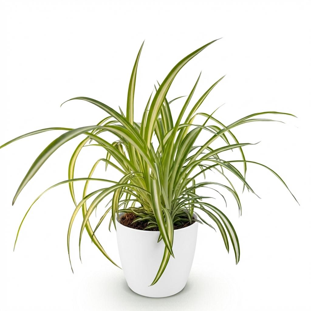 Chlorophytum comosum Variegatum met witte pot, kenmerkend blad