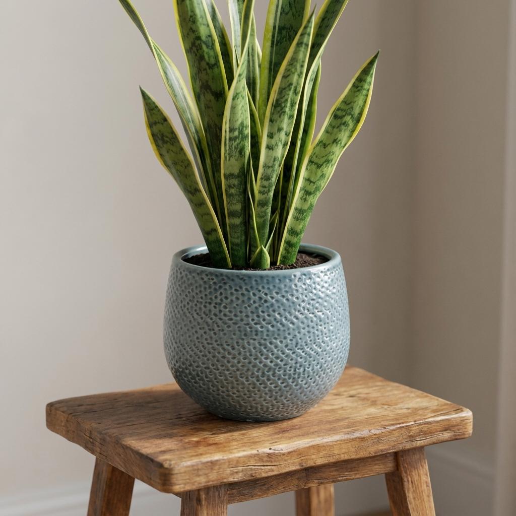 Pot Gabriel rond blauw, groene bladeren