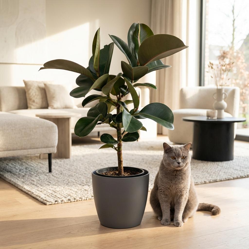 Rubberplant (Ficus Elastica Cloe) met grijze pot, kenmerkend blad