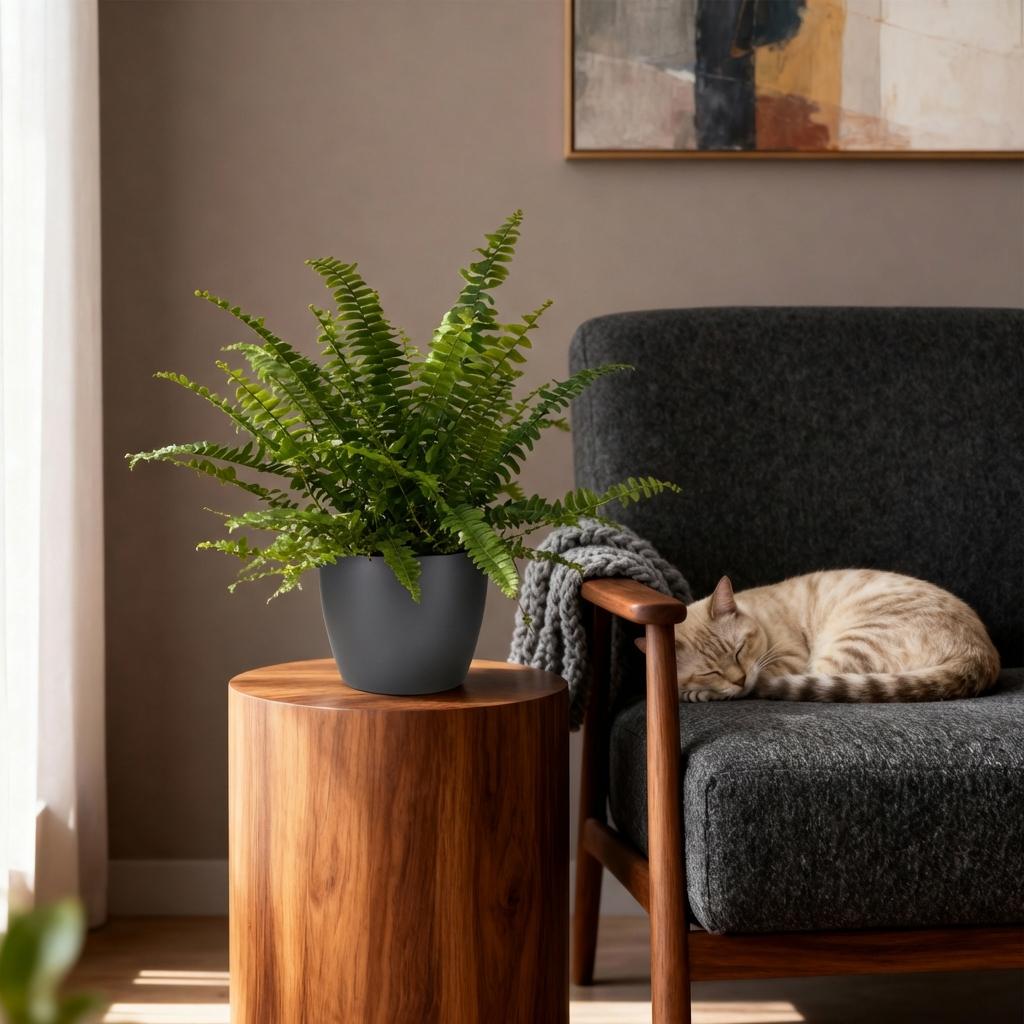 Nephrolepsis exaltata Green Lady met grijze pot, groene plant voor binnen