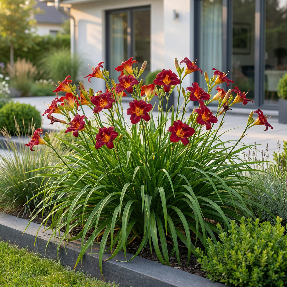 Daglelie Autumn Red, met rode bloemen, groene bladeren