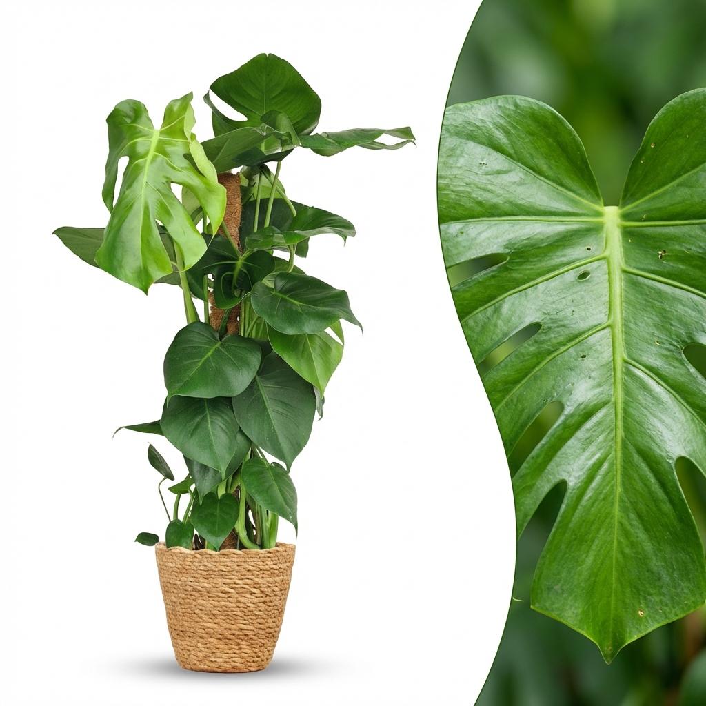 Monstera Deliciosa mosstok met Mand, detail van het blad