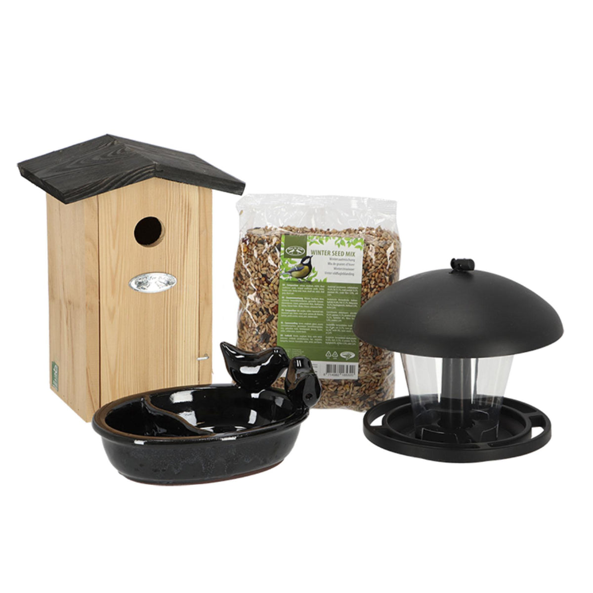 Vogelpakket compleet, nestkast, vogelbadje en voedersysteem, plant in pot