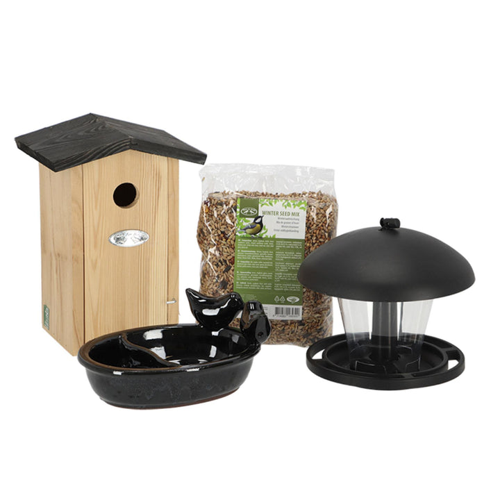 Vogelpakket compleet, nestkast, vogelbadje en voedersysteem
