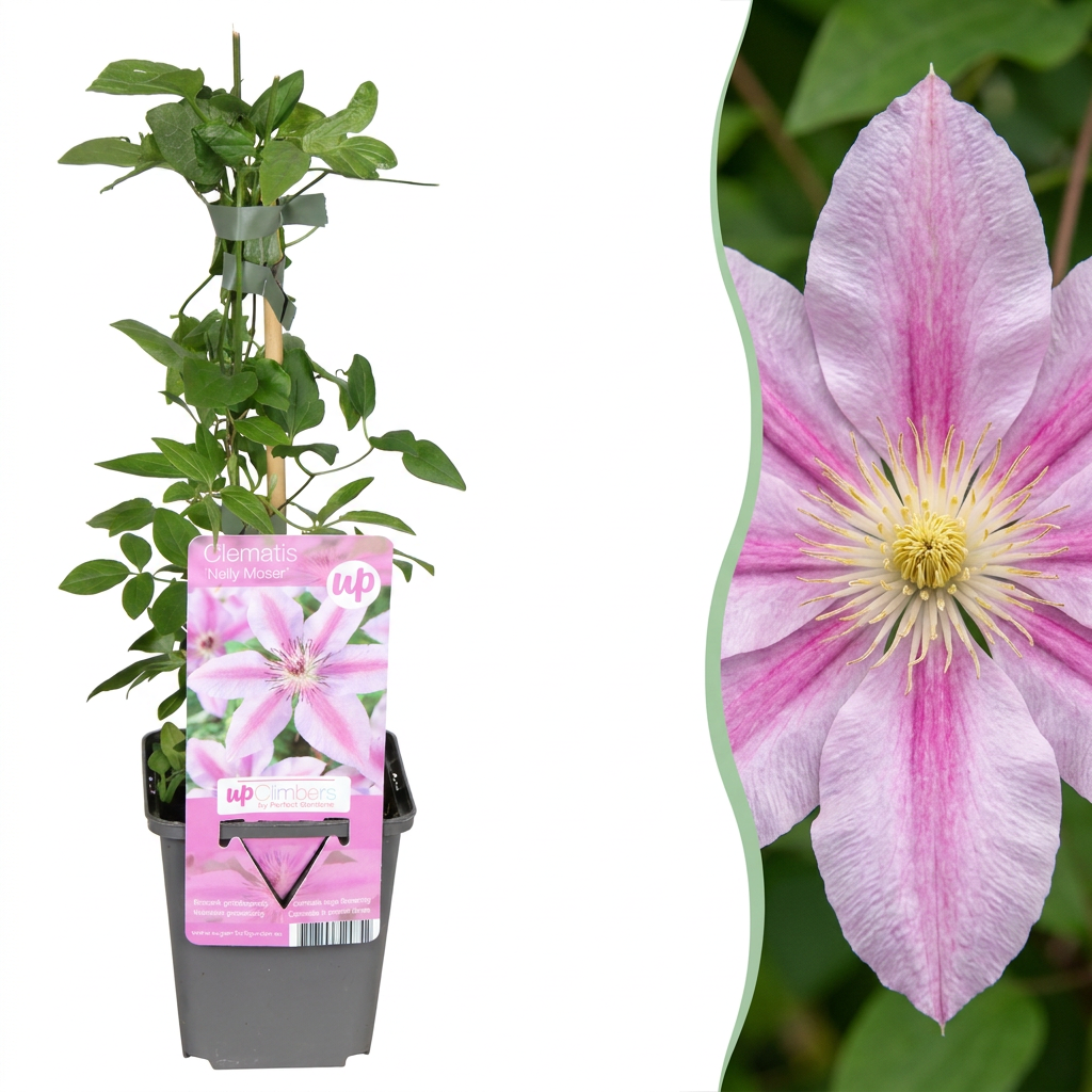 Clematis 'Nelly Moser' - roze gestreepte bosrank, plant in pot