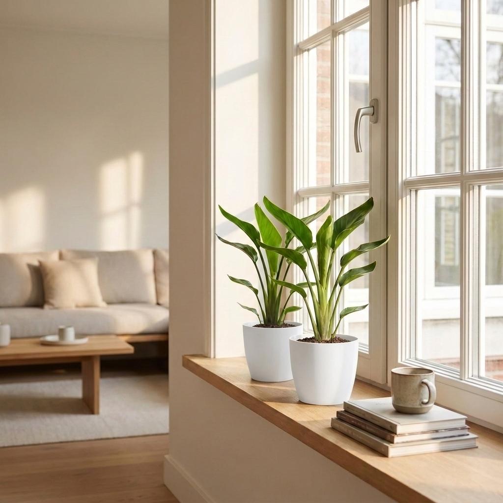 Strelitzia Reginea - Paradijsvogelbloem met witte pot, kenmerkend blad