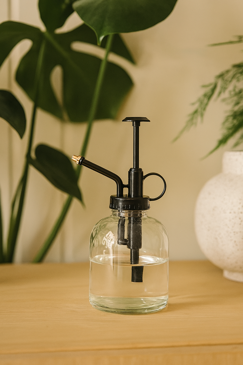 Productfoto van Plantenspuit van helder glas met zwarte pomp, 300 ml