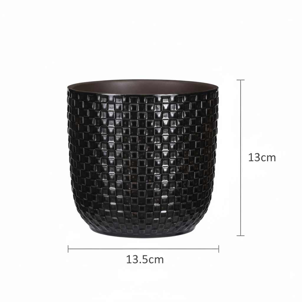 Plantenpot met reliëf, keramiek in matzwart, Ø13,5 cm, groene bladeren
