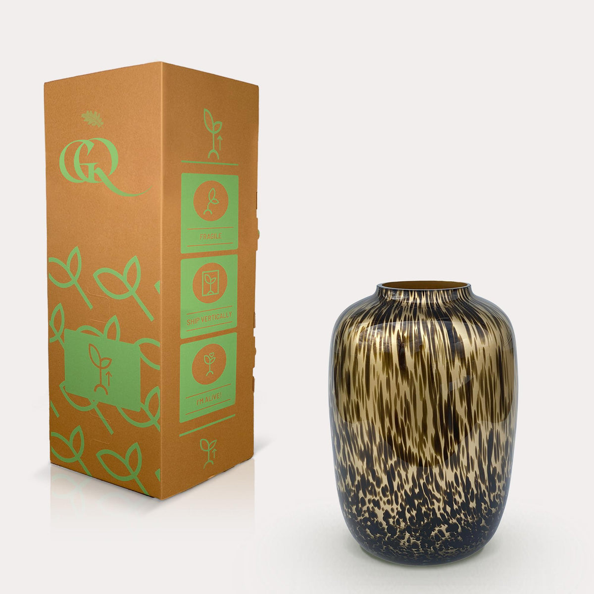 Vaas Artic Cheetah Gold van glas, maat M, H35 x B25 cm, groene bladeren
